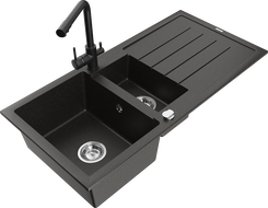 Mexen Andres granitno pomivalno korito z 1,5 komoro, odkapnikom in kuhinjsko pipo Duero, črno/zlato - 6515-75-671600-70