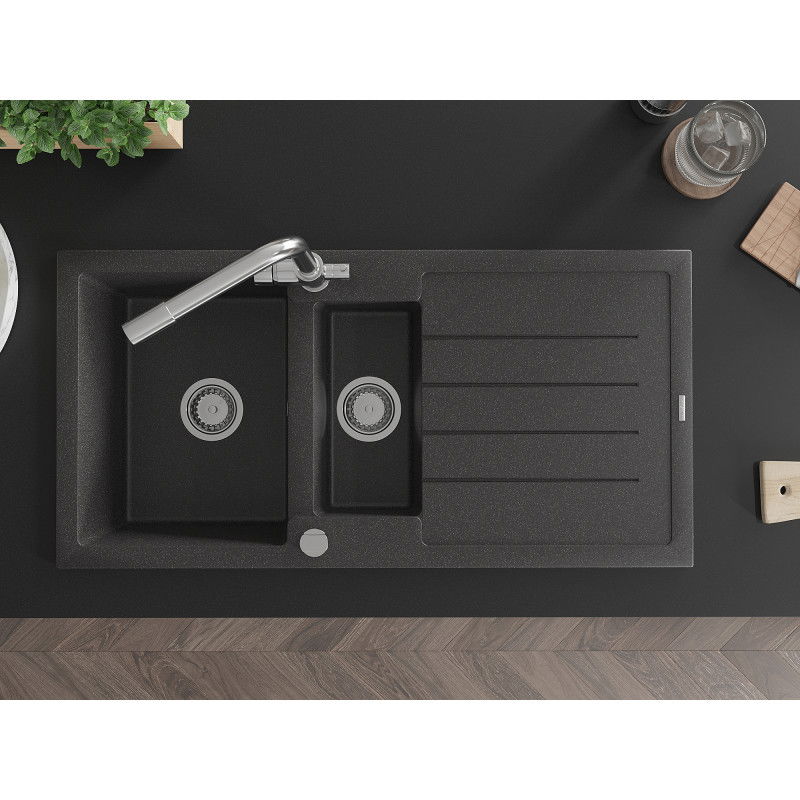 Mexen Andres granite sink 1.5-bowl with drainer and Duero kitchen tap, black speckled - 6515-76-671600-00