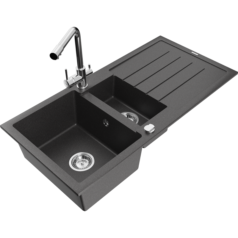 Mexen Andres granite sink 1.5-bowl with drainer and Duero kitchen tap, black speckled - 6515-76-671600-00