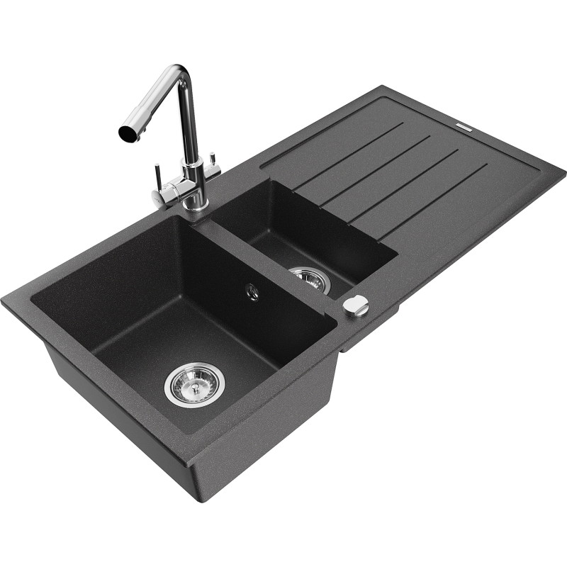 Mexen Andres granitische spoelbak met 1,5 kamers, afdruiprek en Duero keukenmengkraan, zwart gespikkeld - 6515-76-671600-00