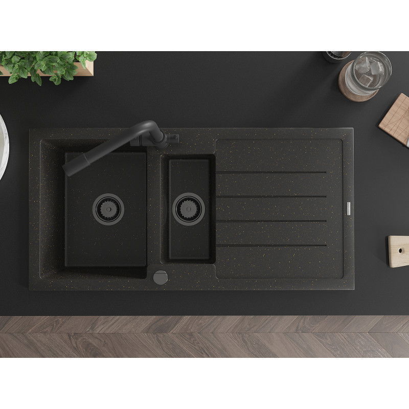 Mexen Andres granitizlietne ar 1,5 nodalījumu ar noteces paneli un virtuves krānu Duero, melna/zelta - 6515-75-671600-70-B