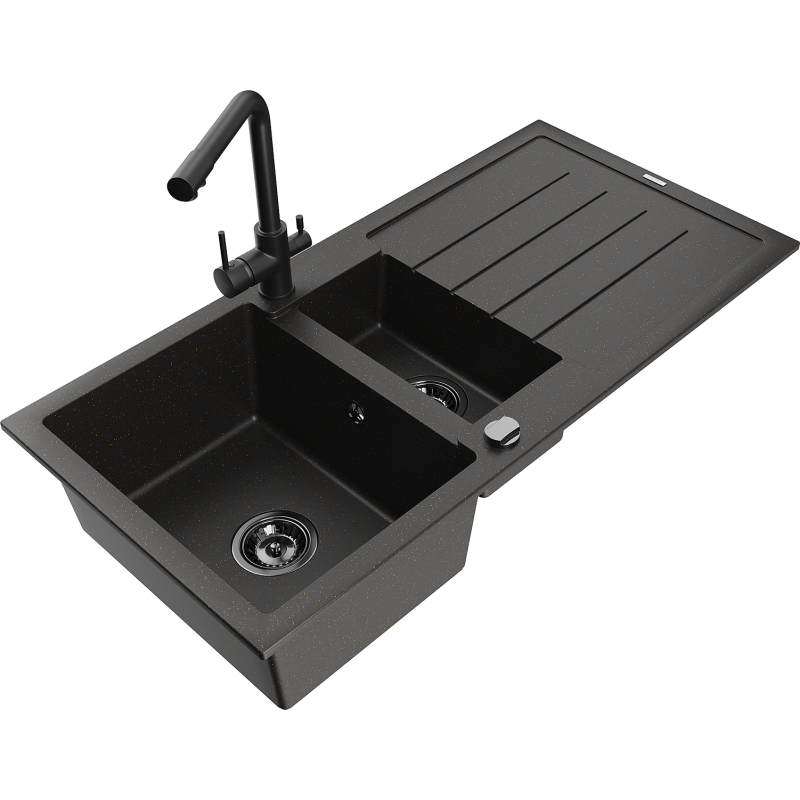 Mexen Andres fregadero de granito de 1,5 senos con escurridor y grifo de cocina Duero, negro/dorado - 6515-75-671600-70-B