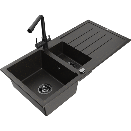 Mexen Andres 1.5-bowl granite kitchen sink with drainer and Duero kitchen tap, black/gold - 6515-75-671600-70-B