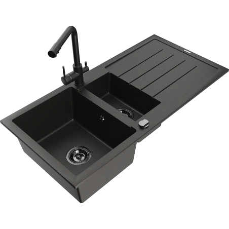 Mexen Andres fregadero de granito de 1,5 senos con escurridor y grifo de cocina Duero, negro/dorado - 6515-75-671600-70-B