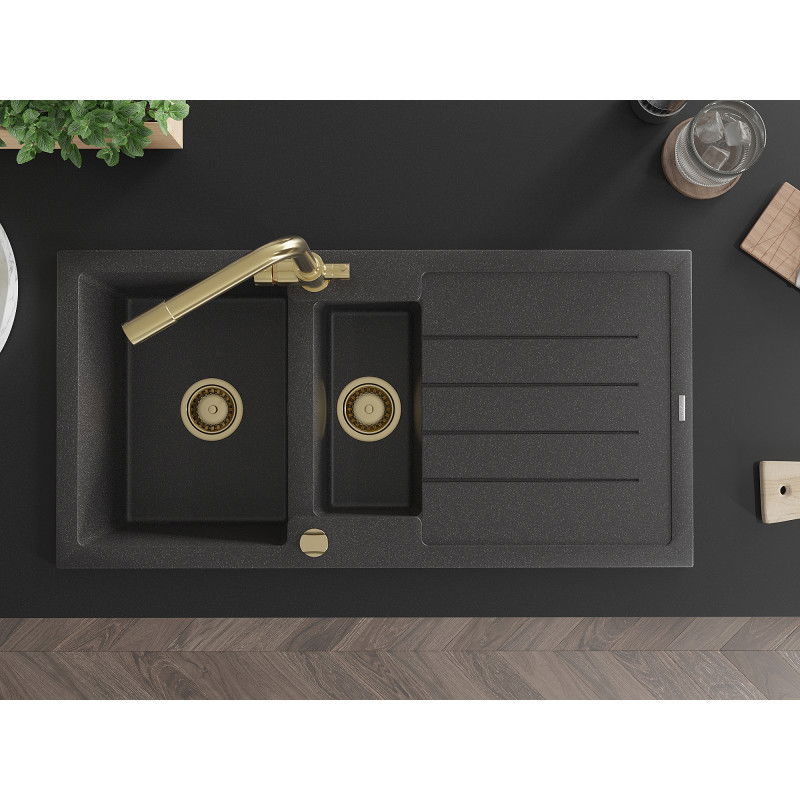 Mexen Andres Granit-Spullsteen 1,5-Kammer mat Ofwand an Kichekraan Duero, schwaarz gespréckst - 6515-76-671600-50