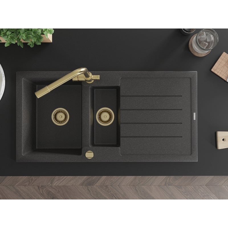 Mexen Andres granite sink 1.5-bowl with drainer and Duero kitchen faucet, black speckled - 6515-76-671600-50