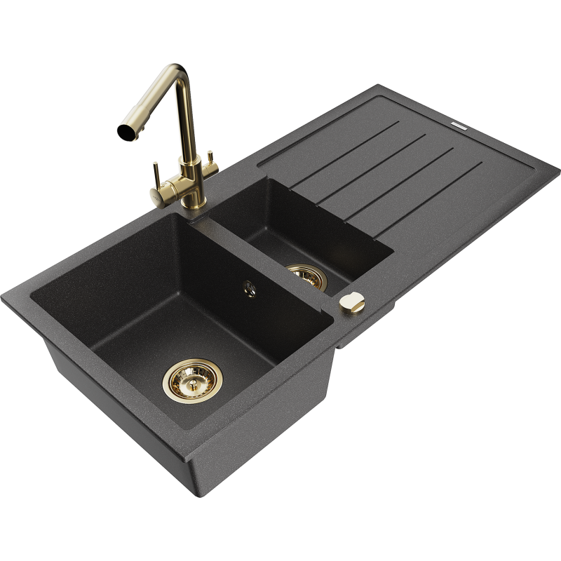 Mexen Andres lava-louça de granito 1,5-bacia com escorredor e torneira de cozinha Duero, preto salpicado - 6515-76-671600-50
