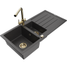 Mexen Andres granite sink 1.5 bowl with drainer and Duero kitchen tap, speckled black - 6515-76-671600-50