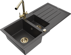 Mexen Andres granite sink 1.5-bowl with drainer and Duero kitchen faucet, black speckled - 6515-76-671600-50