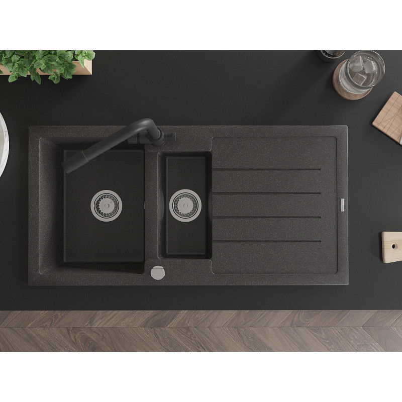 Mexen Andres Granit Spullsteen 1,5-Lachestreck mat Oflaafplates an Kichenkran Duero, schwaarz gesprenkelt - 6515-76-671600-70