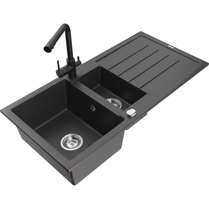 Mexen Andres fregadero de granito de 1,5 senos con escurridor y grifo de cocina Duero, negro moteado - 6515-76-671600-70