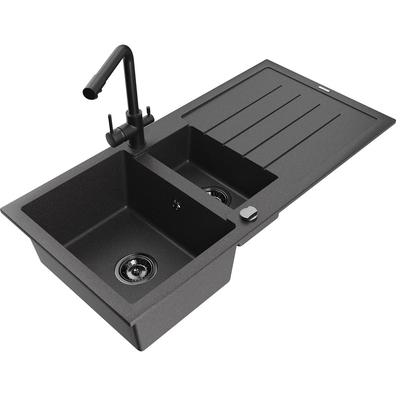 Mexen Andres fregadero de granito de 1,5 cubetas con escurridor y grifo de cocina Duero, negro moteado - 6515-76-671600-70-B