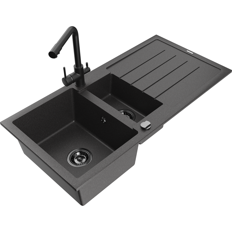 Mexen Andres fregadero de granito de 1,5 senos con escurridor y grifo de cocina Duero, negro moteado - 6515-76-671600-70-B