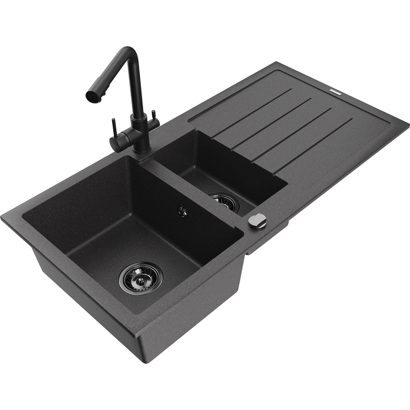 Mexen Andres granite kitchen sink 1.5-bowl with drainer and Duero kitchen tap, black speckled - 6515-76-671600-70-B