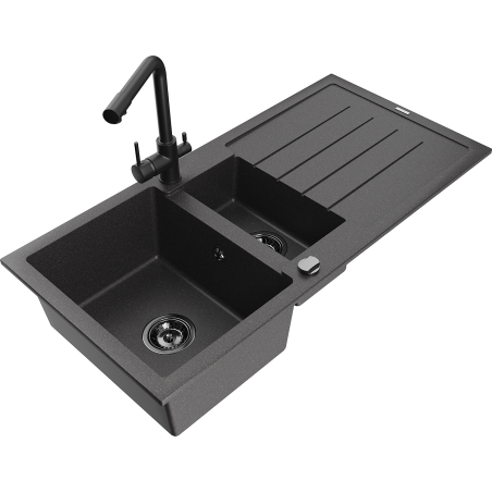 Mexen Andres fregadero de granito de 1,5 cubetas con escurridor y grifo de cocina Duero, negro moteado - 6515-76-671600-70-B