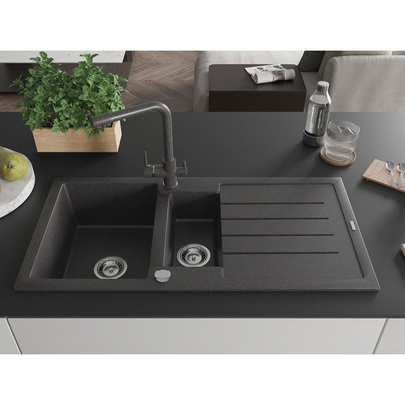 Mexen Andres granite sink 1.5-bowl with drainer and Duero kitchen tap, black speckled - 6515-76-671600-76