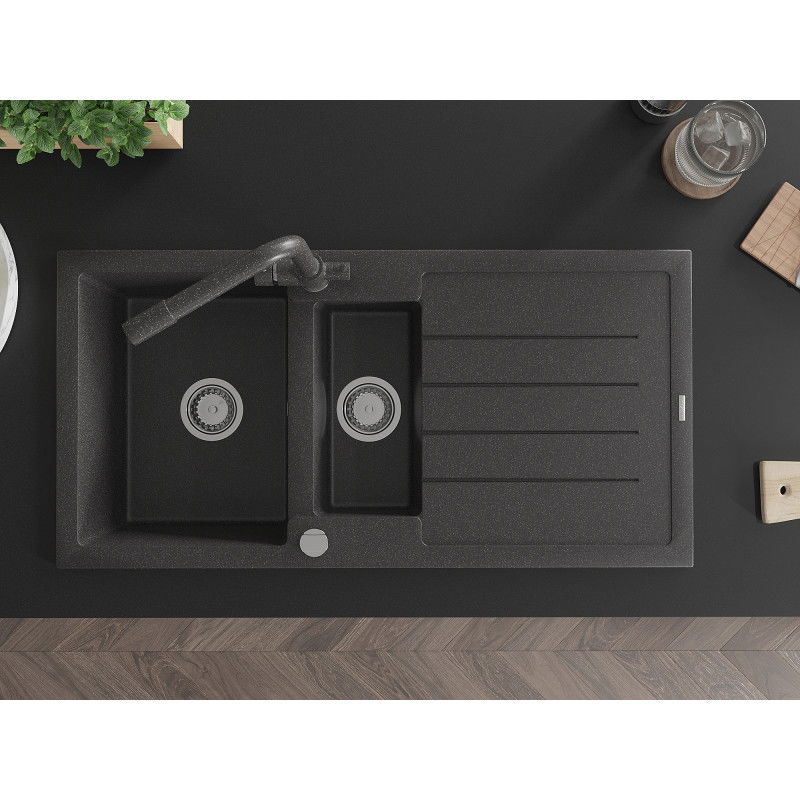 Mexen Andres granite sink 1.5-bowl with drainer and Duero kitchen tap, black speckled - 6515-76-671600-76