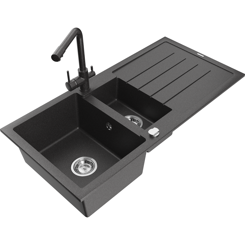 Mexen Andres fregadero de granito 1,5 senos con escurridor y grifo de cocina Duero, negro moteado - 6515-76-671600-76