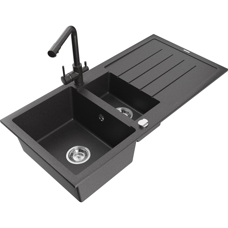 Mexen Andres granite kitchen sink 1.5-bowl with drainer and Duero kitchen faucet, black speckled - 6515-76-671600-76
