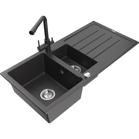 Mexen Andres granite sink 1.5-bowl with drainer and Duero kitchen tap, black speckled - 6515-76-671600-76