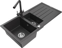 Mexen Andres granite sink 1.5-bowl with drainer and Duero kitchen tap, black speckled - 6515-76-671600-76