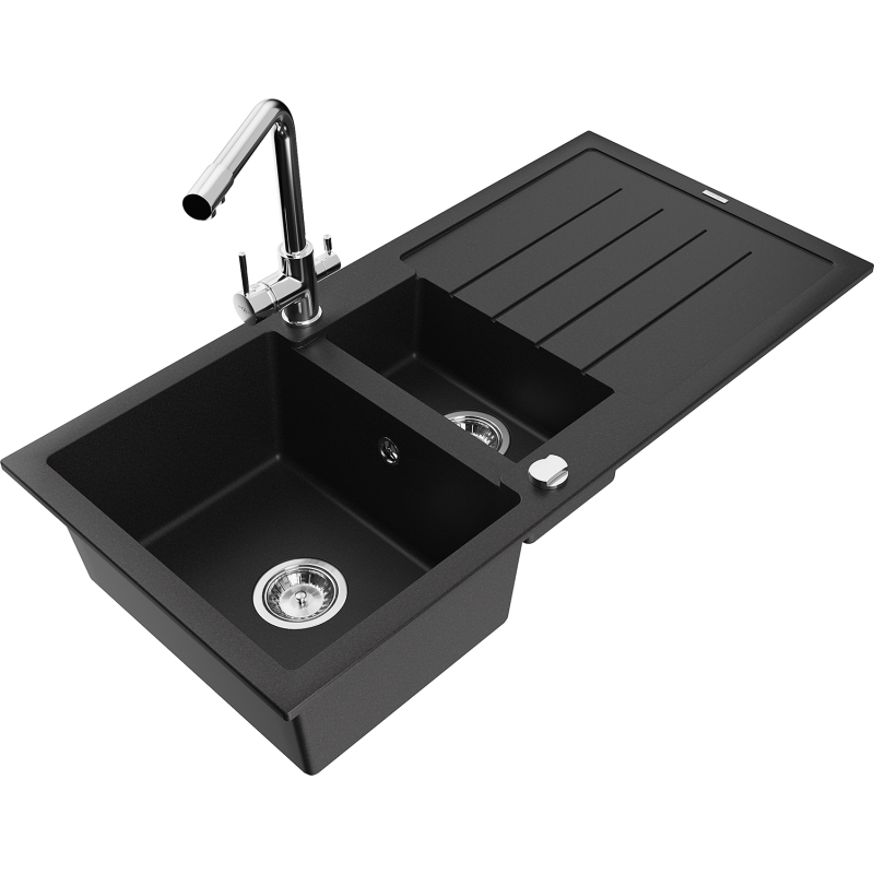 Mexen Andres fregadero de granito 1,5 cuencas con escurridor y grifo de cocina Duero, negro - 6515-77-671600-00