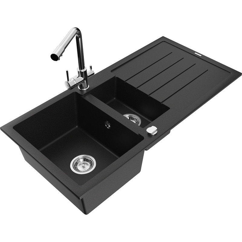 Mexen Andres fregadero de granito de 1,5 senos con escurridor y grifo de cocina Duero, negro - 6515-77-671600-00