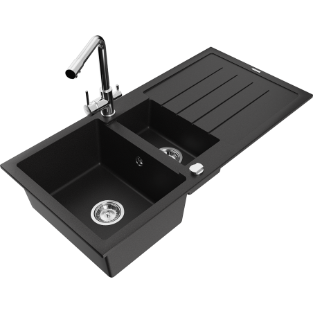 Mexen Andres fregadero de granito 1,5 cuencas con escurridor y grifo de cocina Duero, negro - 6515-77-671600-00