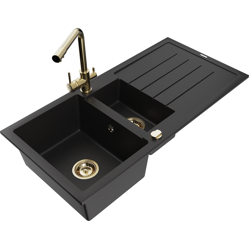Mexen Andres fregadero de granito de 1,5 compartimentos con escurridor y grifo de cocina Duero, negro - 6515-77-671600-50