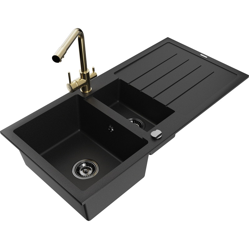 Mexen Andres fregadero de granito de 1,5 compartimentos con escurridor y grifo de cocina Duero, negro - 6515-77-671600-50-B