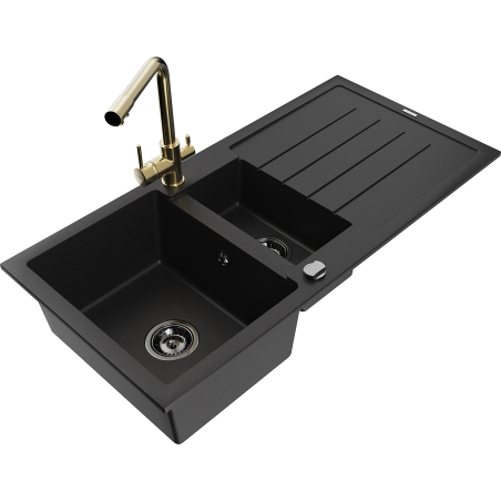 Mexen Andres fregadero de granito de 1,5 senos con escurridor y grifo de cocina Duero, negro - 6515-77-671600-50-B
