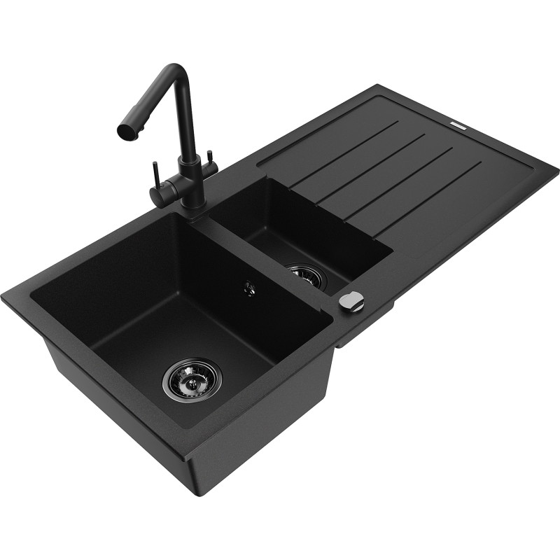 Mexen Andres fregadero de granito de 1,5 senos con escurridor y grifo de cocina Duero, negro - 6515-77-671600-70-B