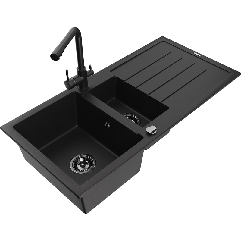 Mexen Andres granitische gootsteen 1,5-kamer met afdruiprek en keukenkraan Duero, zwart - 6515-77-671600-70-B
