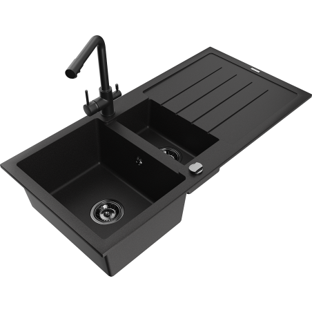 Mexen Andres fregadero de granito de 1,5 cubetas con escurridor y grifo de cocina Duero, negro - 6515-77-671600-70-B