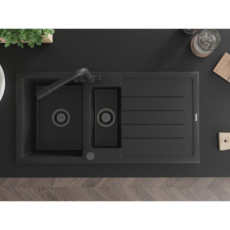 Mexen Andres fregadero de granito de 1,5 cubetas con escurridor y grifo de cocina Duero, negro - 6515-77-671600-70-B