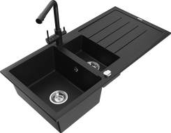 Mexen Andres 1.5-Bowl Granite Sink with Drainer and Duero Kitchen Faucet, Black - 6515-77-671600-70