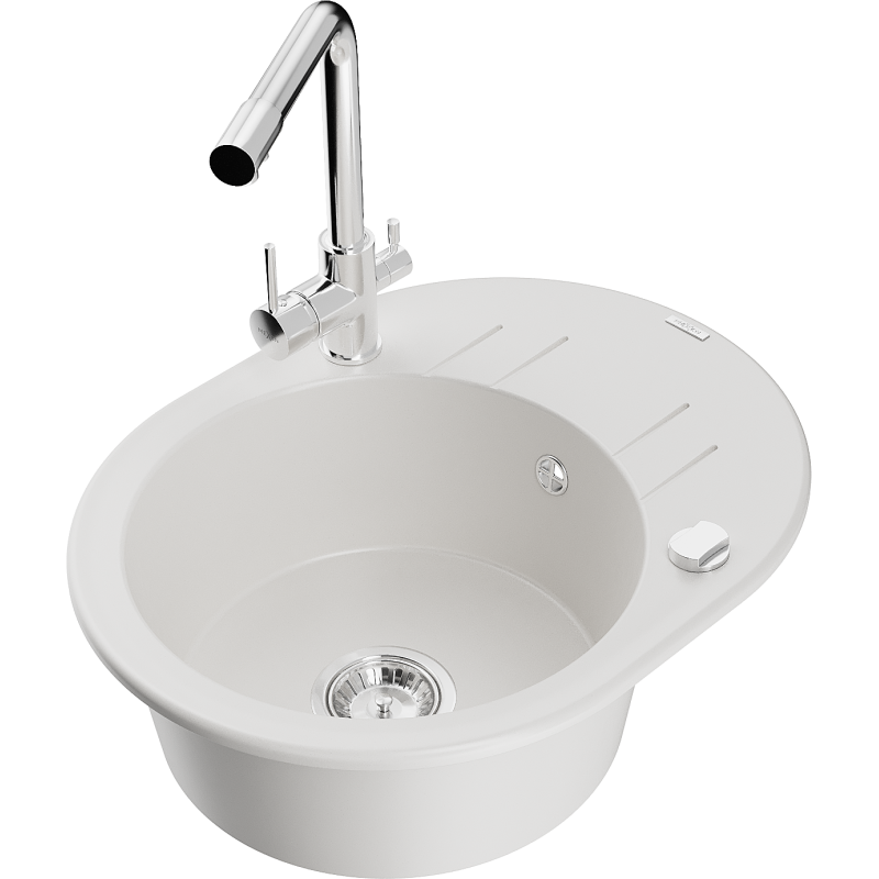 Mexen Kevin 1 kameru granīta izlietne ar notecinātāju un virtuves jaucējkrānu Duero, balts - 6517-20-671600-00