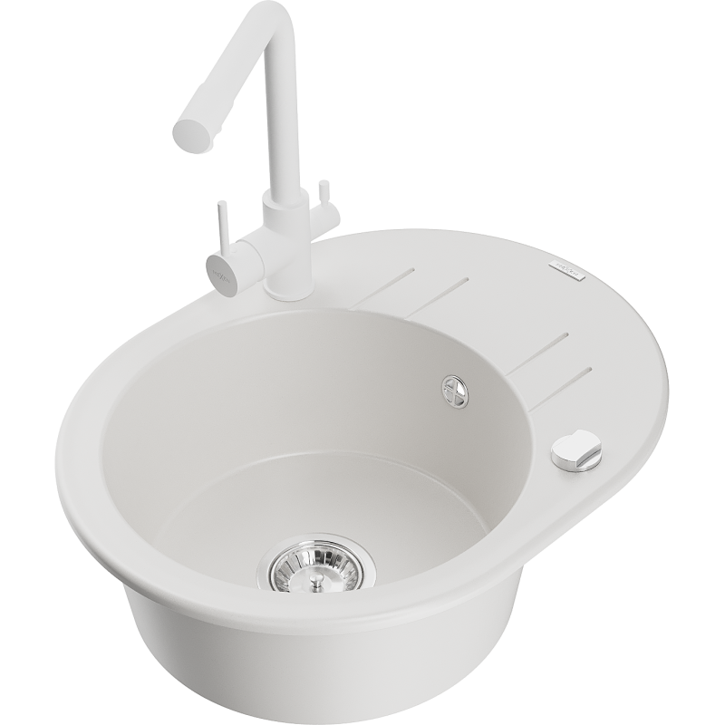 Mexen Kevin fregadero de granito de 1 seno con escurridor y grifo de cocina Duero, blanco - 6517-20-671600-20