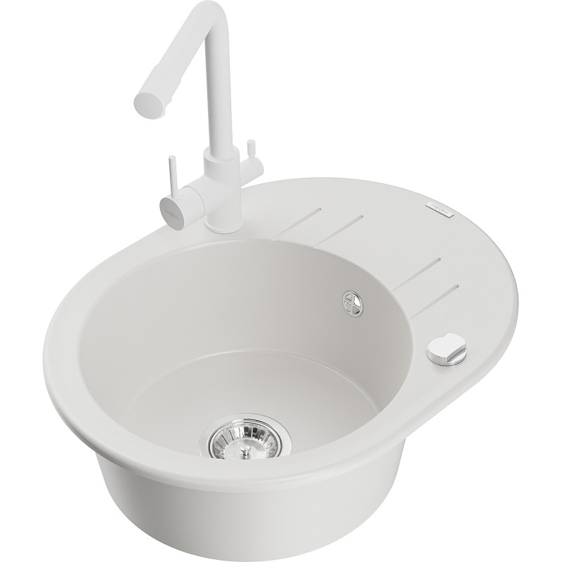 Mexen Kevin granit gootsteen 1-kamer met afdruiprek en keukenkraan Duero, wit - 6517-20-671600-20