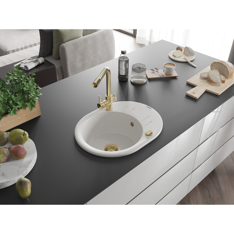Mexen Kevin fregadero de granito de 1 seno con escurridor y grifo de cocina Duero, blanco - 6517-20-671600-50