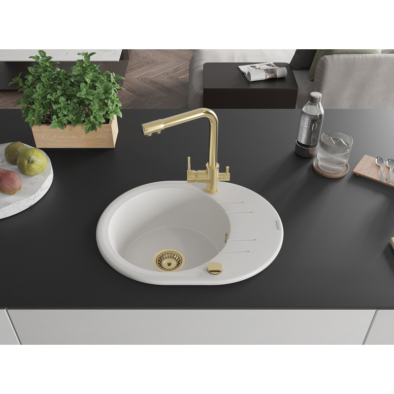 Mexen Kevin fregadero de granito de 1 seno con escurridor y grifo de cocina Duero, blanco - 6517-20-671600-50
