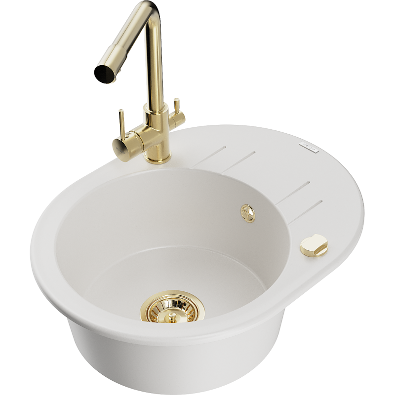 Mexen Kevin fregadero de granito de 1 compartimento con escurridor y grifo de cocina Duero, blanco - 6517-20-671600-50