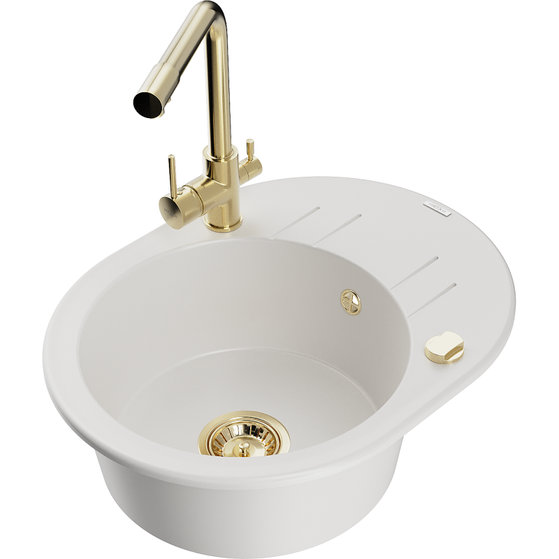 Mexen Kevin granite kitchen sink 1-bowl with drainer and Duero kitchen tap, white - 6517-20-671600-50