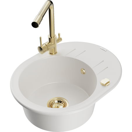 Mexen Kevin granitische spoelbak 1-kamer met afdruipplaat en keukenmengkraan Duero, wit - 6517-20-671600-50