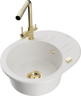 Mexen Kevin granite kitchen sink 1-bowl with drainer and Duero kitchen tap, white - 6517-20-671600-50