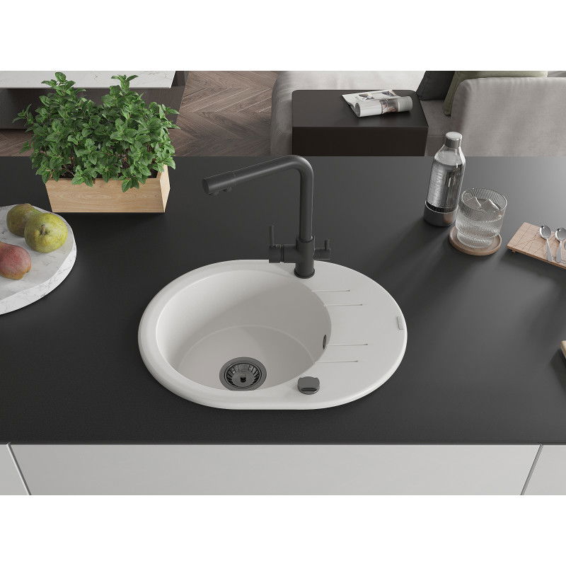Mexen Kevin 1-bowl granite sink with drainer and Duero kitchen tap, white - 6517-20-671600-70