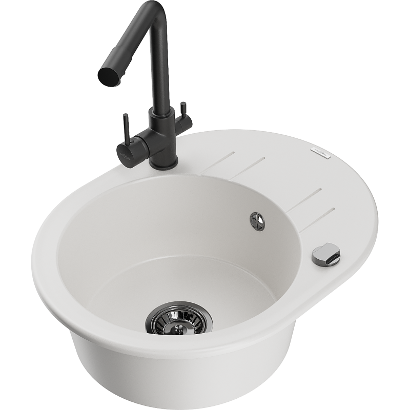 Mexen Kevin fregadero de granito de 1 cubeta con escurridor y grifo de cocina Duero, blanco - 6517-20-671600-70