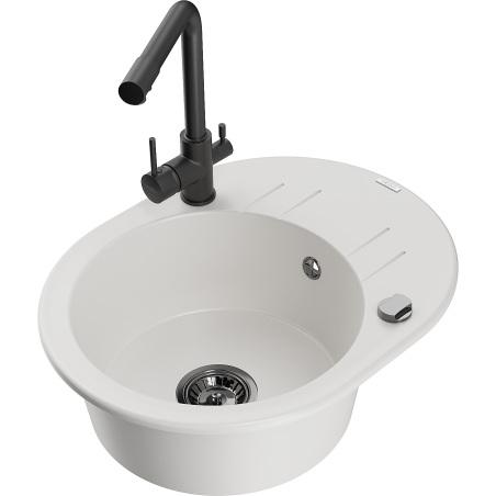 Mexen Kevin fregadero de granito de 1 cubeta con escurridor y grifo de cocina Duero, blanco - 6517-20-671600-70