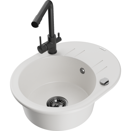 Mexen Kevin granite kitchen sink 1-bowl with drainer and Duero kitchen faucet, white - 6517-20-671600-70