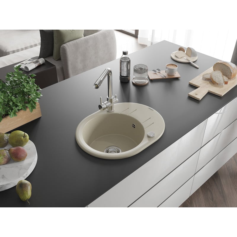 Mexen Kevin fregadero de granito de 1 cubeta con escurridor y grifo de cocina Duero, beige - 6517-69-671600-00